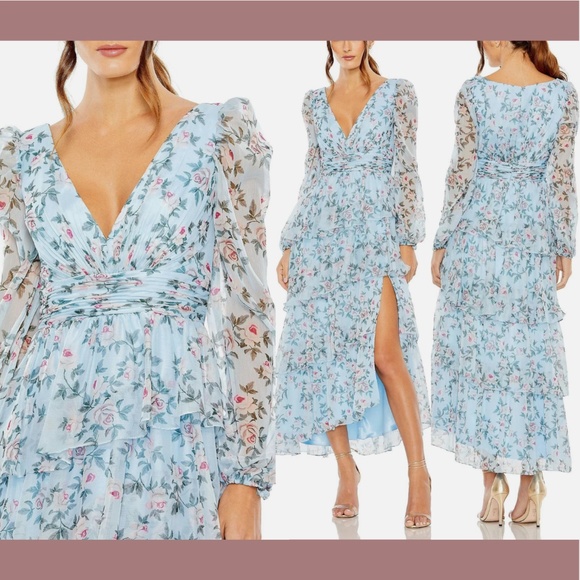 NEW $498 IEENA Mac Duggal [ 4 ] Puff Sleeve Floral Printed Midi Dress‎ Aqua Blue - Picture 1 of 15